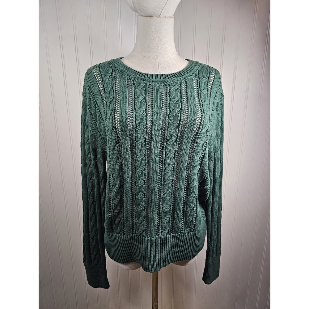 Talbots Open Knit Cable Crewneck Sweater Women's Size Petite L Green NWT